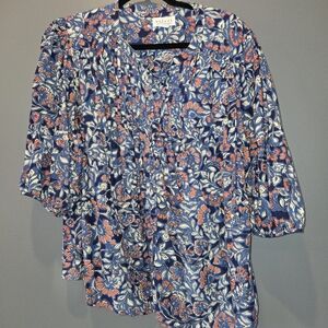 Velvet Graham Spencer Floral Top Boho Floral Blue&Orange Blouse - Size XL EUC